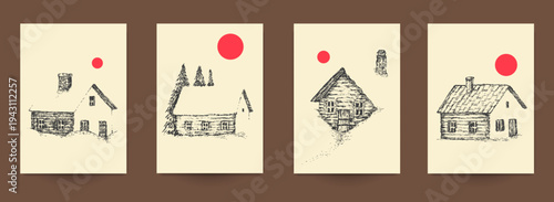 Set of minimalist vertical posters featuring hand drawn vintage rural houses and cabins. Each art piece combines rustic ink sketch with bold red sun or moon circle against warm beige background. Colle