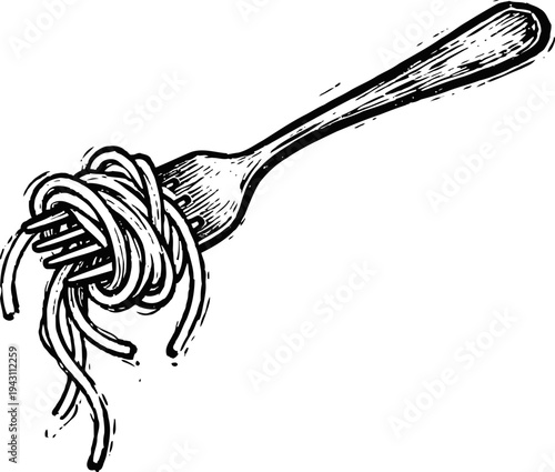 Fork with tangled spaghetti illustration in black and white line art style, food utensil and pasta concept