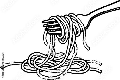 Fork twirling spaghetti pasta strands simple line art sketch of italian food with noodles on utensil