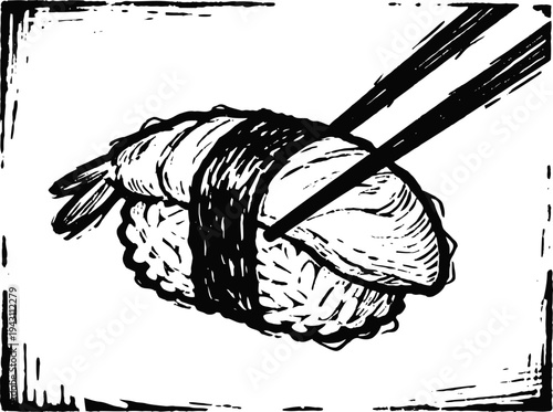 hand drawn sushi nigiri wrapped with seaweed held by chopsticks traditional japanese food sketch isolated on white