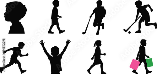 Children Silhouettes Collection Set, Kids Playing Walking Running School And Sports Black Isolated Illustration Bundle