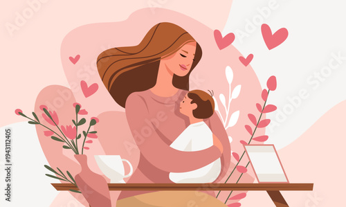 Mother's Day mom hugging child pink hearts floral vase coffee cup table warm pastel background love family celebration