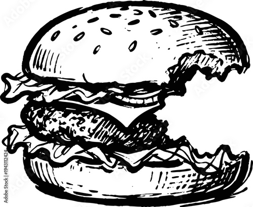Hand drawn bitten cheeseburger with lettuce and sesame seed bun black and white illustration