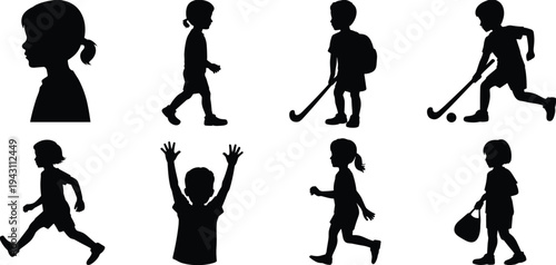 Children Silhouettes Set, Kids Playing Walking And School Activities Black And White Isolated Illustration Collection