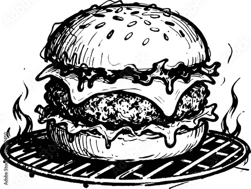Hand drawn cheeseburger with lettuce, juicy grilled patty, and sesame seed bun on grill plate