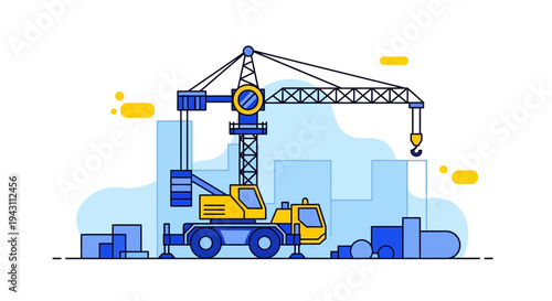 Modern Construction Crane With Cityscape And Building Materials Illustration Style