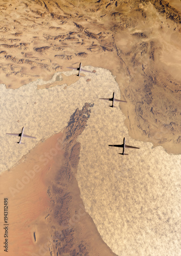 Drone flyovers over the Strait of Hormuz, military operations, Iran, and the Persian Gulf. Oman and the United Arab Emirates, 3d rendering. Middle East. Satellite view