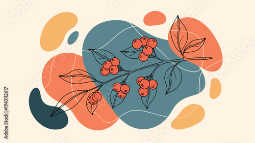 Artistic composition of a berry branch with black line details over a background of abstract organic shapes in warm and cool colors.