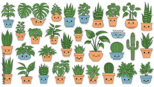 Large set of cute potted plant stickers with adorable smiling faces in a kawaii style featuring various cacti succulents and ferns.