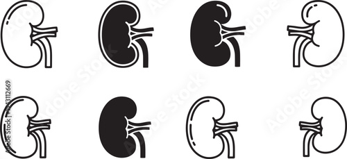 A set of vector line art kidney silhouettes in various styles and colors for medical use
