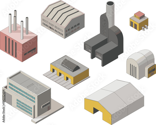 Isometric industrial factory buildings collection including warehouses, manufacturing plants and production facilities isolated vector illustration for modern industry infrastructure