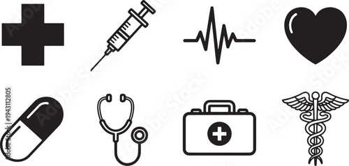 A set of vector line art medical icons including a cross, syringe, heartbeat, heart, pill, stethoscope, first aid kit, and caduceus symbol in silhouette style for healthcare and medicine use