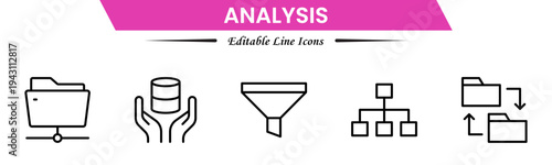 Analysis icons depicting data evaluation, charts, graphs, statistics, insights, trends, reports, metrics, research, assessment, monitoring, performance, strategy, decision-making, and review.
