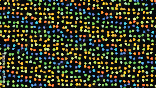 Abstract Colorful Geometric Pattern with Random Polygonal Confetti Shapes on Black Background; Festive Mosaic Texture for Modern Web Design and Wallpaper Vector