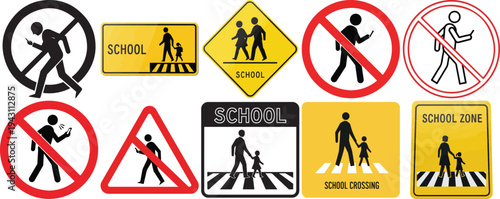 Collection of school zone and pedestrian crossing warning signs