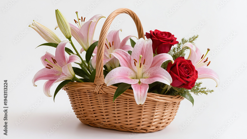 Obraz premium Elegant Wicker Basket with Pink Lilies and Red Roses