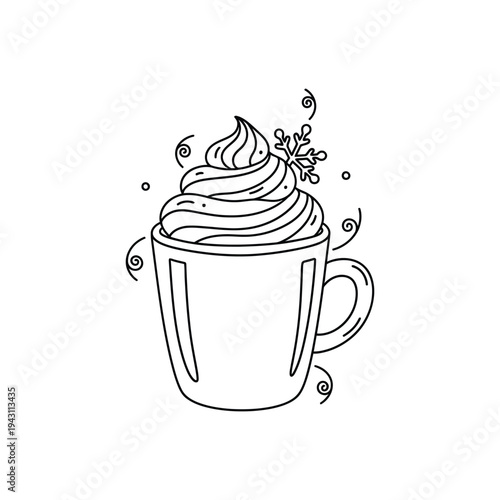 Cup With Whipped Cream Topping In Line Art Illustration.