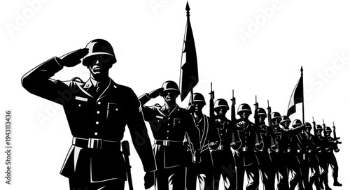 Military Troops Saluting in Formation.