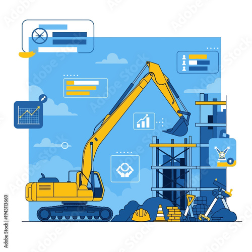 Modern Construction Site with Excavator and Blueprints Digital Interface