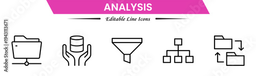 Analysis icons depicting data evaluation, charts, graphs, statistics, insights, trends, reports, metrics, research, assessment, monitoring, performance, strategy, decision-making, and review.
