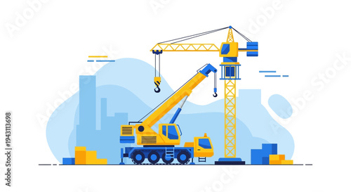 Modern Construction Site With Yellow Cranes And Blue Buildings