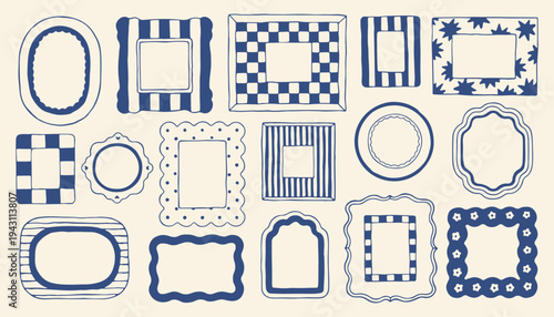 A large collection of hand drawn blue frames featuring stripes checkers and polka dot patterns. Mediterranean style borders are excellent for social media posts and artistic photo layouts
