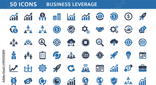 Business leverage icons set, finance growth symbols, investment strategy pictograms, corporate management elements, startup analytics tools, financial vector collection