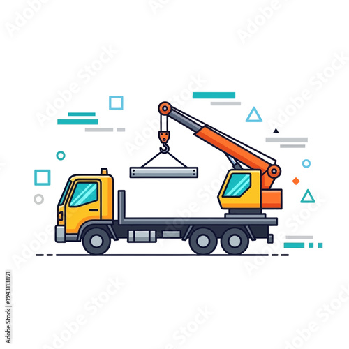 Modern Crane Truck Lifting Steel Beam Construction Site Illustration