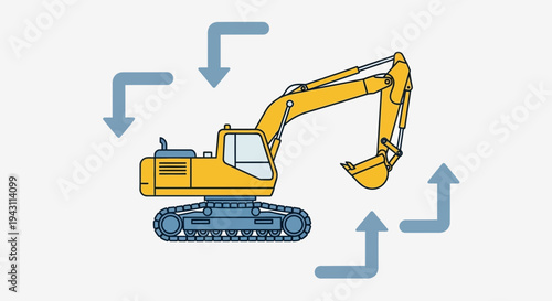 Modern Excavator Machine Graphic With Directional Arrows For Construction