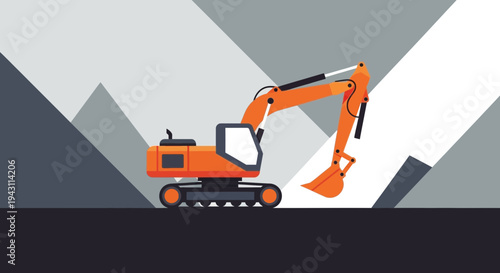 Modern Excavator Digging Abstract Mountain Landscape Construction Machine