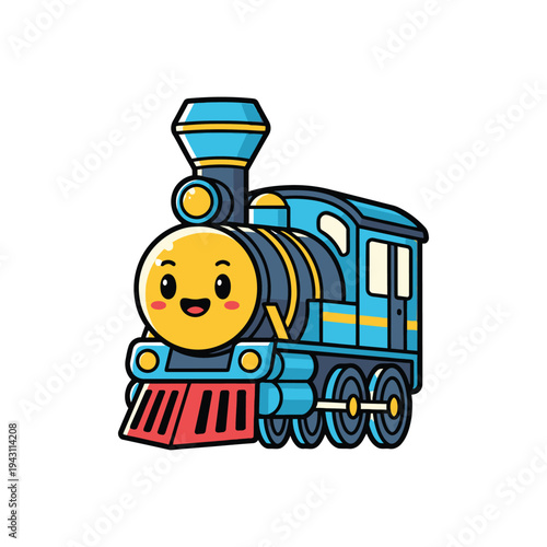 Cute cartoon blue train locomotive smiling engine.
