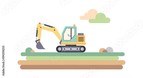 Modern Excavator Machine Illustrative Design on Ground Layers