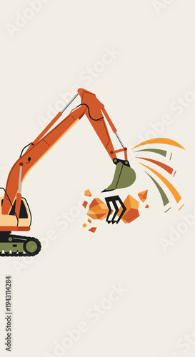 Modern Excavator Digging Up Earth and Rocks With Energetic Dust Burst