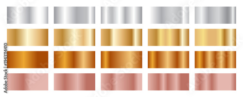 Set of rectangular swatches featuring realistic metallic gradients, including silver, yellow gold, copper, and rose gold finishes with various highlights and shadows