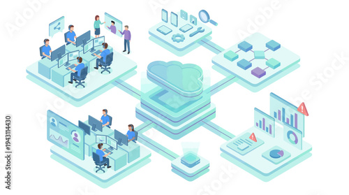 Isometric SaaS Cloud Computing Platform with Remote Development Teams, Data Analytics Dashboard, and Digital Workflow Integration for Tech Business Presentations