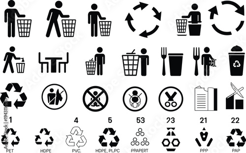 Black Silhouette Icons for Recycling Waste Management and Material Types trash can garbage bin