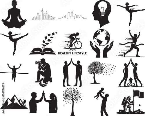 Collection of black silhouettes representing human achievement and wellbeing