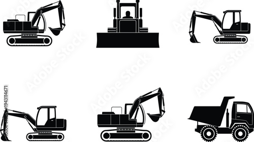 Construction Machinery Silhouette Collection, Excavators Bulldozer And Dump Truck Black Vector Illustration For Industrial Equipment Design