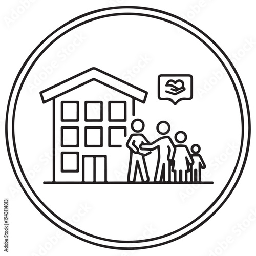 Minimalist Line Art Icon of a Family Receiving Social Housing Support and Humanitarian Aid from a Community Worker, Representing Charity, Welfare, and New Beginnings in a Clean Style.