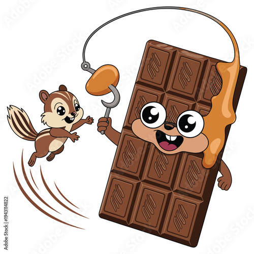 Excited chipmunk leaps towards a giant chocolate bar with caramel, tempting treat, playful fishing rod concept, adorable cartoon characters