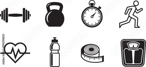 A set of vector line art silhouettes depicting various fitness and exercise icons on a white background