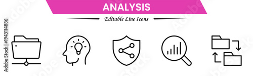 Analysis icons depicting data evaluation, charts, graphs, statistics, insights, trends, reports, metrics, research, assessment, monitoring, performance, strategy, decision-making, and review.

