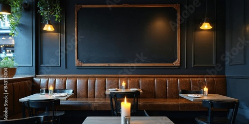 Restaurant interior features dark walls, booth seating, tables. Candles provide warm lighting. Empty chalkboard dominates space. Minimalist design.