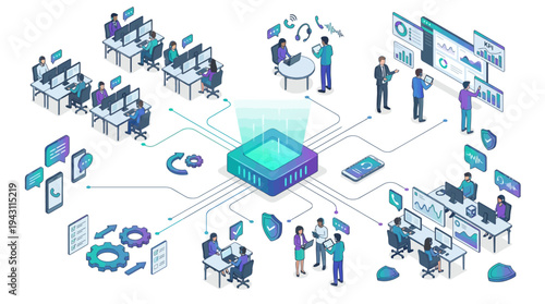 Isometric SaaS Cloud Platform Team Collaboration Data Analytics Dashboard Remote Office Workflow Digital Transformation Technology