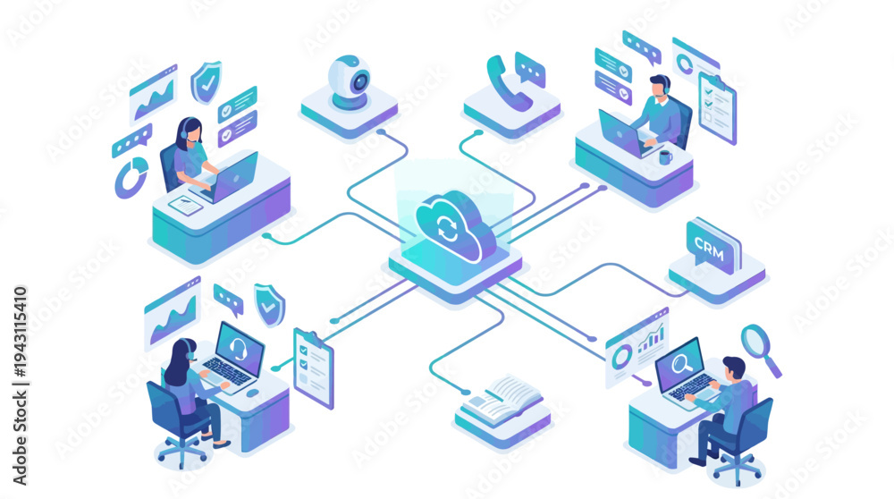 Obraz premium Isometric SaaS Cloud Platform Team Collaboration Remote Workers Connected Data Security CRM Analytics Dashboard Business Technology Illustration