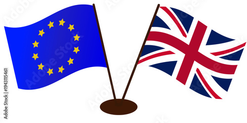 Developing flags of the European Union and UK, standing on the same stand. Union Jack, waving flag of Great Britain