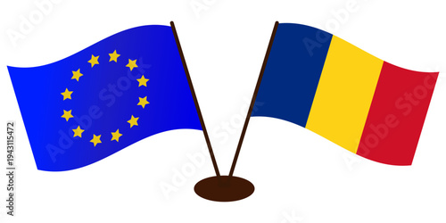 Developing flags of the European Union and Romania, standing on one stand