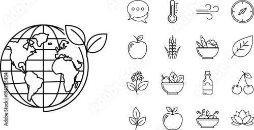 Organic food and eco lifestyle line icons set, healthy nutrition agriculture nature environment vector outline illustration collection