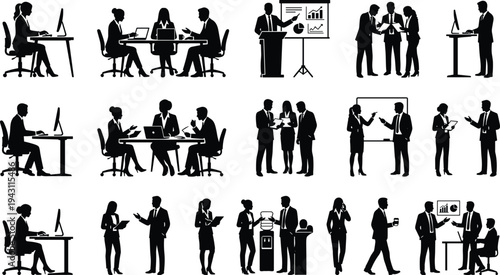 Black office silhouettes showing meetings, teamwork, collaboration, presentations, computer work, professional communication, workplace culture, business environment flat vector illustration