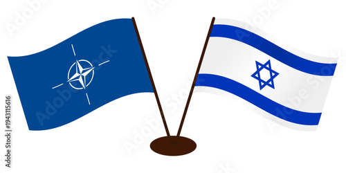 Developing flags of NATO and Israel, mounted on the same stand